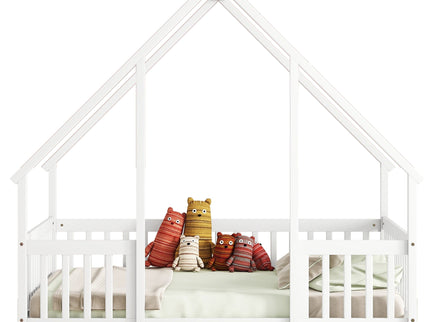 Wood House-Shaped Floor Bed With Fence, Guardrails