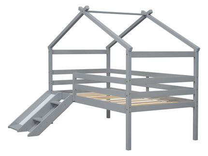 Low Loft House Bed With Slide, Ladder, Safety Guardrails, House Roof Frame