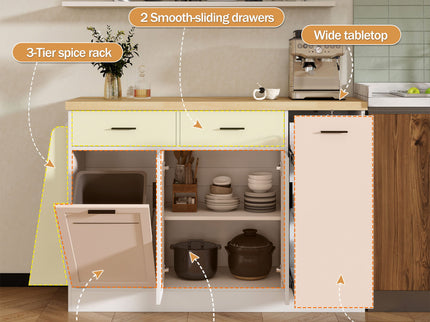 Kitchen Sideboard With Sliding Door Cabinet, 3 Tier Spice Rack