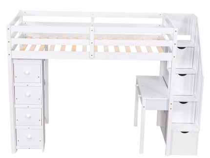 Loft Bed With Storage Drawers, Desk And Stairs With Shelves