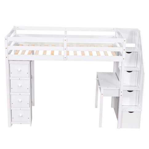 Loft Bed With Storage Drawers, Desk And Stairs With Shelves