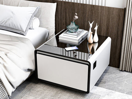 Modern Smart Side Table With Built-In Fridge, Wireless Charging, Temperature Control, Power Socket, USB Ports, Outlet Protection, Induction Light