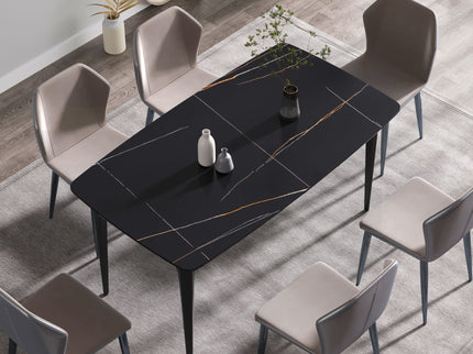 63" Artificial Stone Black Curved Black Metal Leg Dining Table, 6 People - Black