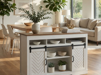 TV Stand With Sliding Barn Doors And Adjustable Storage - White / Oak