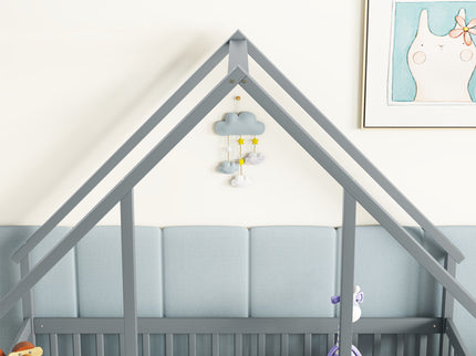 Wood House-Shaped Floor Bed With Fence, Guardrails