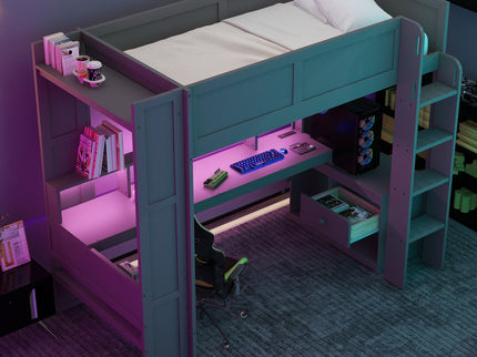 Gaming Loft Bed With Desk, Multi Storage Shelves, LED And Charging Station