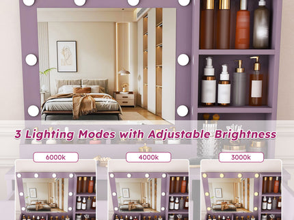 Vanity Desk Set With Padded Stool And Adjustable LED Mirror, 3 Color Light Modes - Purple