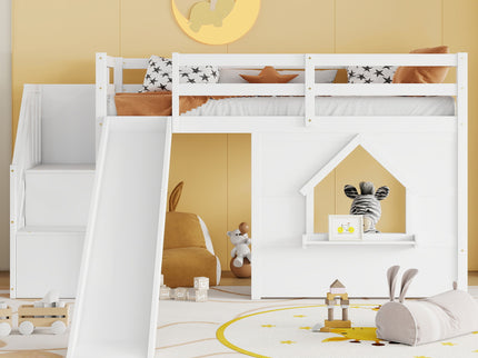 Loft Bed With Storage Stairs, Slide, Playhouse Window And 7 Colors LED Lights