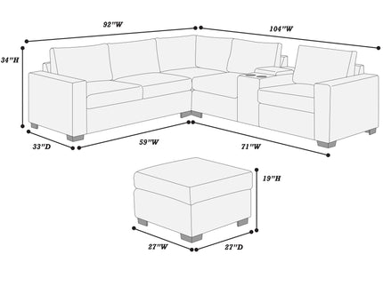 Contemporary L-Shaped Sectional Set With USB Console & Ottoman