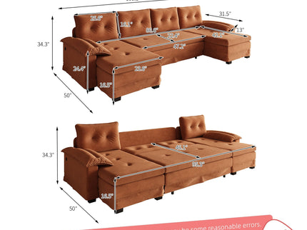 U-Shaped Sleeper Sofa With Pull Out Bed, Removable Armrests & USB Ports For Living Room