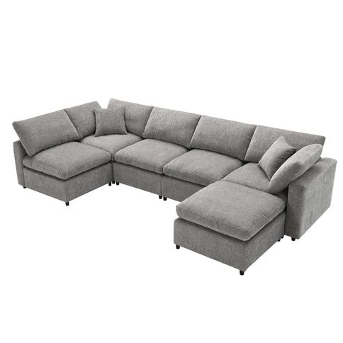 Modern Modular Cloud Sofa Bed, 6 Seat Sectional Couch Set With Ottoman, Free Combination, Convertible U Shaped Sleeper Sofa For Living Room
