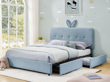 Upholstered Bed With Oversized Rabbit Ear Headboard, LED Lights & 4 Storage Drawers