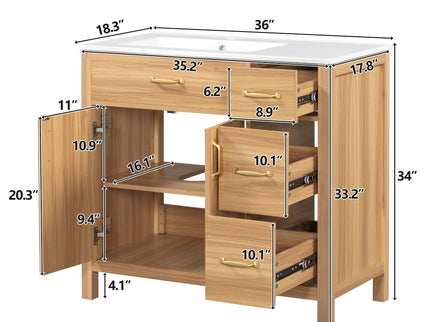 Bathroom Vanity, 2 Soft Close Doors, 3 Soft Close Drawers, Adjustable Shelf - Wood