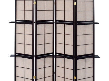 4 Panel Folding Screen With Shelves - Brown