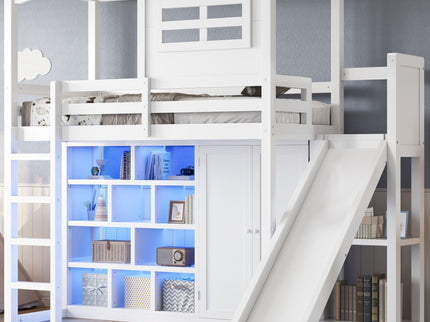 Twin Size Loft Bed With Wardrobe, Storage Shelves, Slide And LED - White
