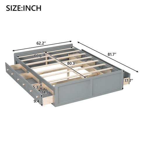 Queen Size Platform Bed Frame With 6 Drawers - Gray