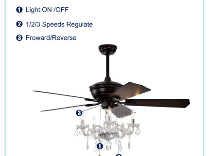 52" Crystal Shade Ceiling Fan Lamp, 3 Speed, 4 Timing, 5 Reversible Blades Crystal Ceiling Fan, 5 Pieces X E12 (No Include Bulb), Hand Pull Chain - Matte Black