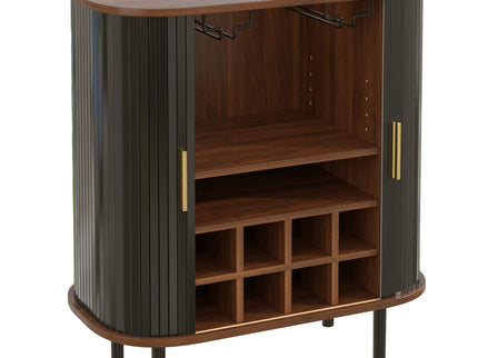 Fluted Wine Bar Cabinet With 8 Grid Wine Rack, 5 Level Adjustable Shelves, 2 Glass Holders