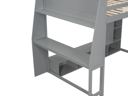 Full Size Gaming Loft Bed With Desk, Multi Storage Shelves, LED Lighting, And Hanging Clothes Rack - Gray