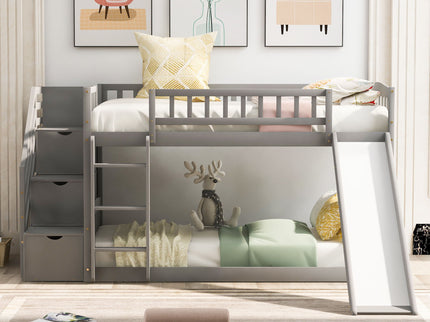 Twin Over Twin Bunk Stairway Bed With 2 Drawers And Slide - Gray