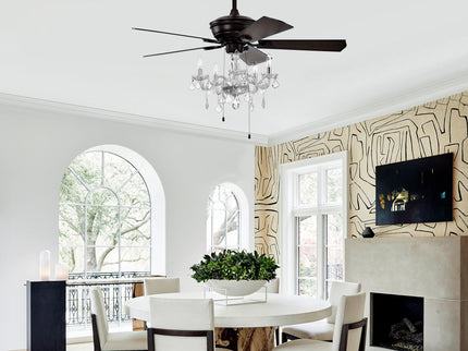 52" Crystal Shade Ceiling Fan Lamp, 3 Speed, 4 Timing, 5 Reversible Blades Crystal Ceiling Fan, 5 Pieces X E12 (No Include Bulb), Hand Pull Chain - Matte Black