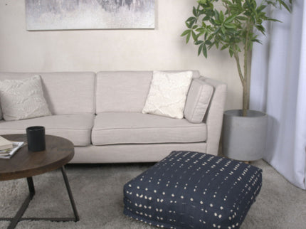 Dalm - Fabric Square Pouf Ottoman With Polystyrene Beads Filling - Dark Blue / White