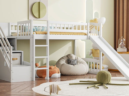 Loft Stairway Bed With 2 Drawers, Convertible Ladder And Slide