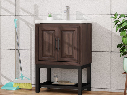Modern Freestanding Bathroom Vanity With Ceramic Sink, Hot And Cold Faucet, Storage Cabinet & Open Shelf