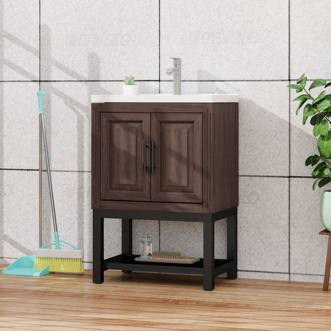Modern Freestanding Bathroom Vanity With Ceramic Sink, Hot And Cold Faucet, Storage Cabinet & Open Shelf