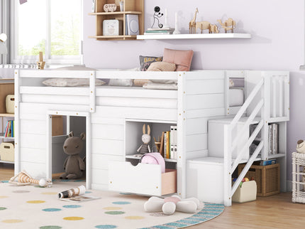 Low Loft Bed With Stair, Drawer, And Shelf