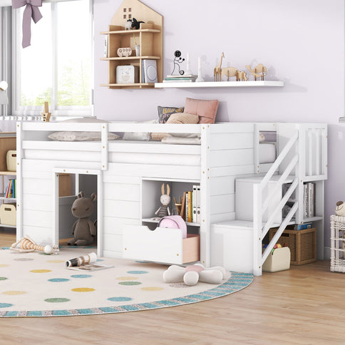 Low Loft Bed With Stair, Drawer, And Shelf