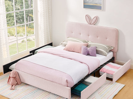 Upholstered Bed With Oversized Rabbit Ear Headboard, LED Lights & 4 Storage Drawers