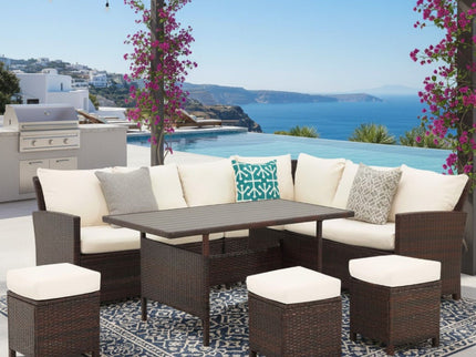 7 Piece Patio Dining Set With Cushions, Modular Sectional Sofa & Storage Table