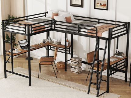 Twin Loft Bed With 2 Built In Desks, Mission Style - Black