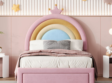 Upholstered Rainbow Design Bed, Princess Platform Bed With Storage Drawer