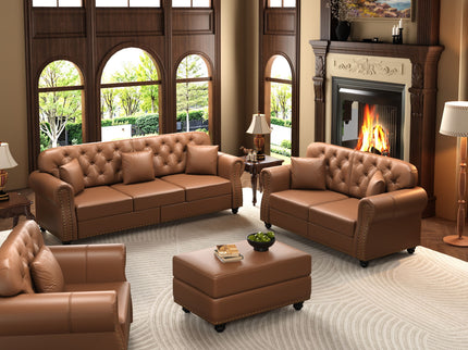 Upholstered Sofa With Nailhead Trim, Rolled Armrests With Ottoman