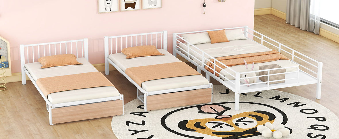Triple Bunk Bed With Drawers, Multi-Functional Frame With Desks And Shelves In The Middle