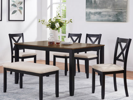 6 Piece Dining Table Set With Bench - Beige / Black / Oak