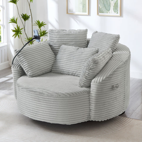 Swivel Accent Barrel Chair With Adjustable Phone Holder, 5 Pillows For Living Room