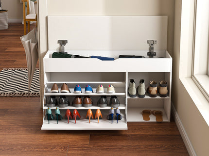 Modern Design Entryway Bench With Adjustable 3 Tier Flip-Up Drawers And Hidden Cabinet - White