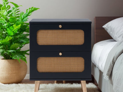 2 Drawer Rattan Nightstand For Bedroom And Living Room, End Table, Side Table With 2 Hand Made Rattan Decorated Drawers - Black