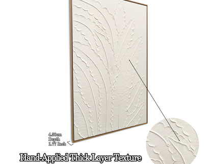 Framed Botanical Leaf Wall Art, Thick Textured Canvas Painting, Neutral Decor For Living Room - White