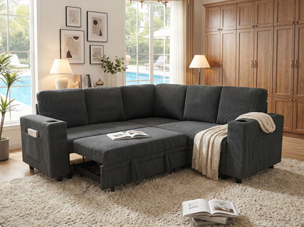 Upholstered L - Shape Sectional Sofa Bed With Pull Out Sleeper And Storage