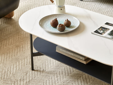 Contemporary Coffee Table Sintered Stone Surface With Ceramic Finish Double Layer Design Base Matte Shelf Modern Living Room Center Table - White / Gray