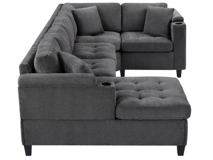 U Shaped Sectional Sofa, Corner Living Room Couch With Built In Cup Holders, Storage, USB Ports