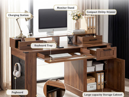Office Desk With Storage Cabinet, Charging Station, Monitor Stand & Pegboard