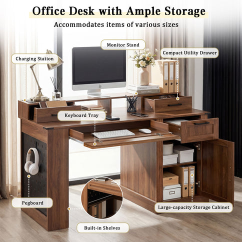 Office Desk With Storage Cabinet, Charging Station, Monitor Stand & Pegboard