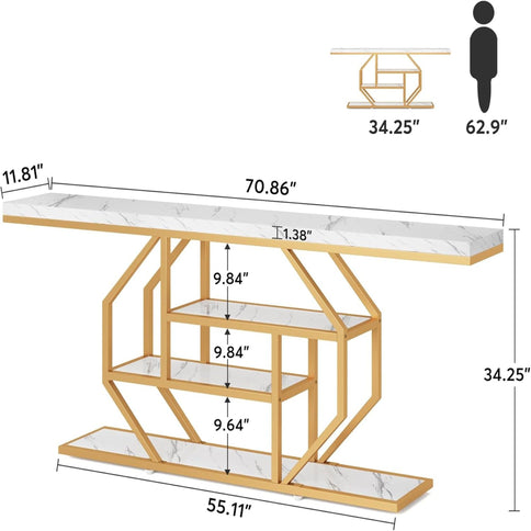 Extra Long Console Table With 4 Tier Storage For Living Hallway - White / Gold