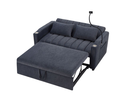 Convertible Sofa Bed Loveseat Sofa With Three USB Ports, Two Side Pockets, Two Cup Holders And 360° swivel Phone Holder For Living Room