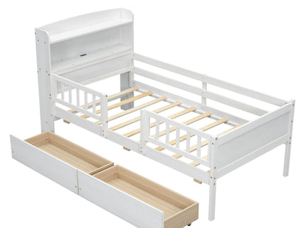 Platform Bed With LED Light, Multi Functional Headboard, Guardrail And 2 Drawers